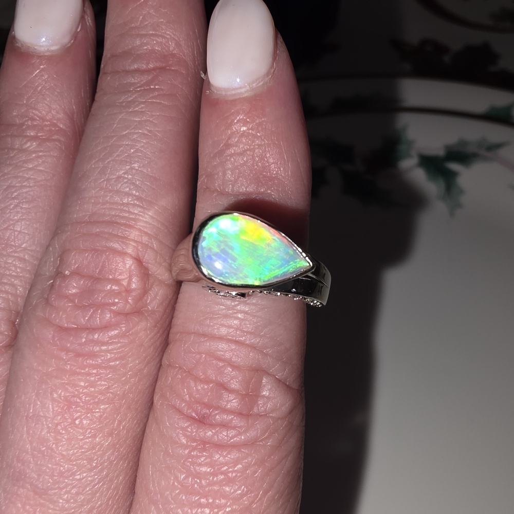 10 Gram 14kt White Gold Ethiopian Opal & Diamond Ring